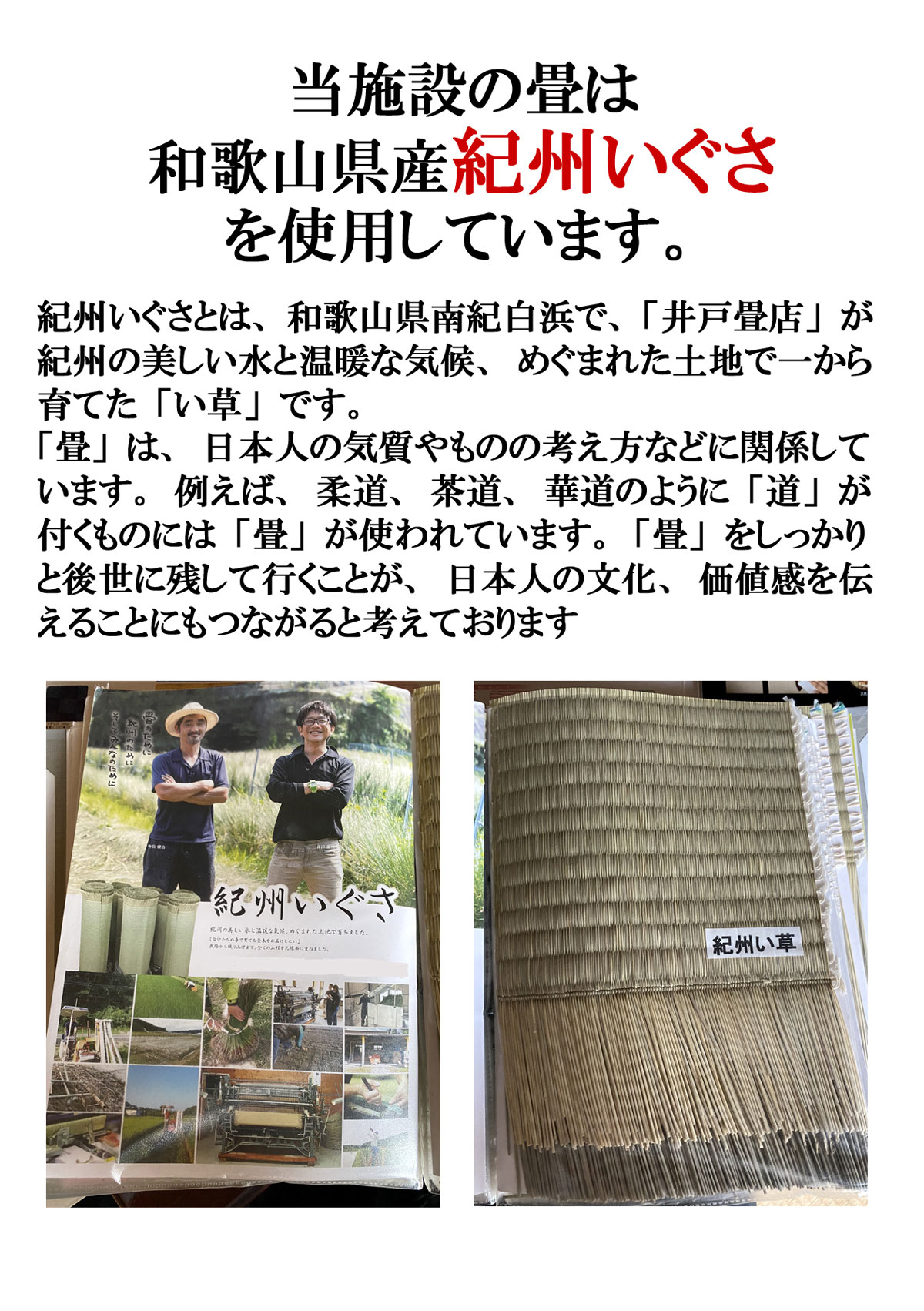 当施設の畳は和歌山県産紀州いぐさを使用しています。